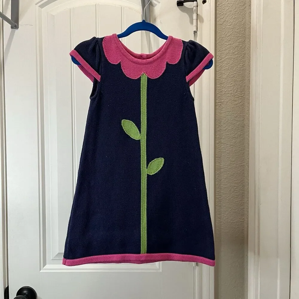 Gymboree Navy Blue Pink Flower Stem Floral Girls Dress Short Sleeve Size 4T